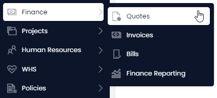 A screenshot depicting how the user can navigate to the &quot;Quotes&quot; table using the sidebar. In this example, the user has pressed the &quot;Finance&quot; folder, which has icon of a stack of cash. The user has then pressed the &quot;Quotes&quot; table button, which has an icon of a page with a grey circle in the lower-right corner.